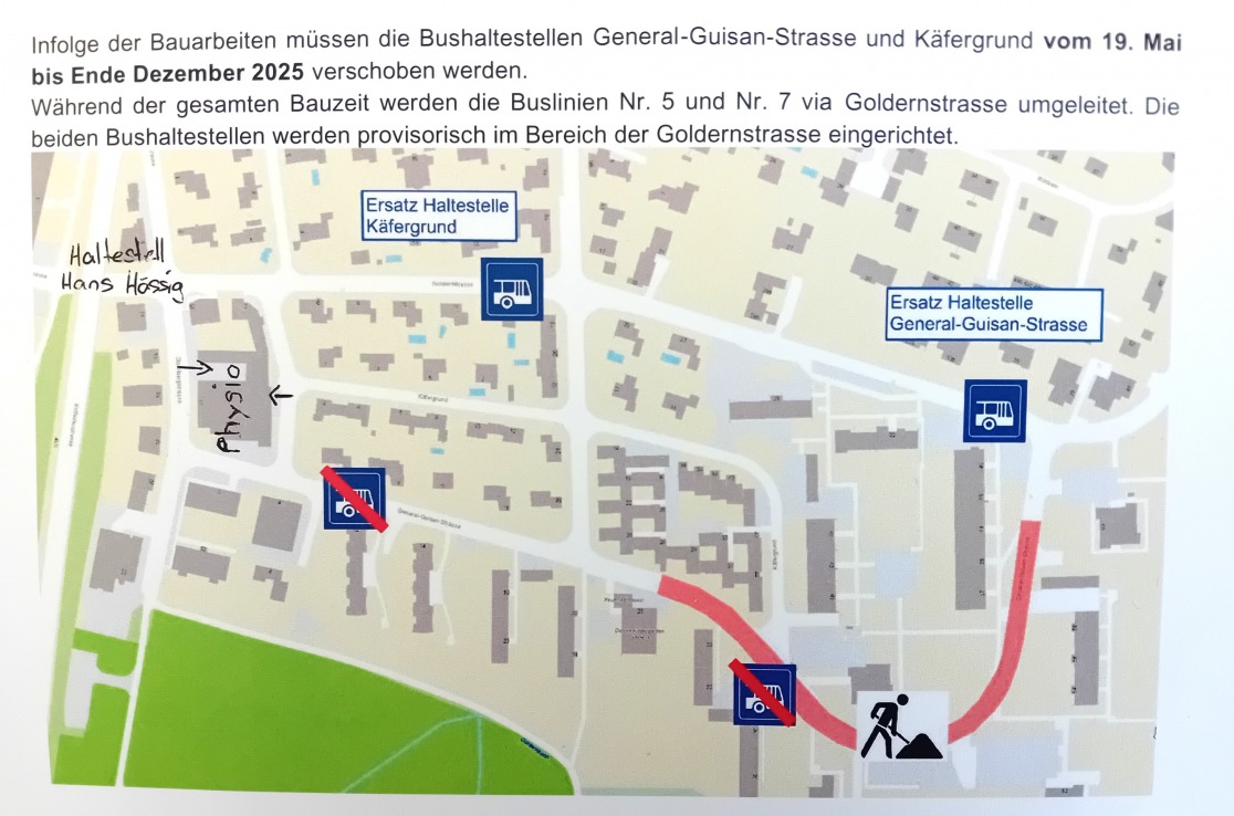 Karte der Baustelle und Haltestellenverschiebung